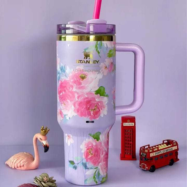 Stainless Steel Flower Design Tumbler – Vacuum Insulated Car Mug with Lid